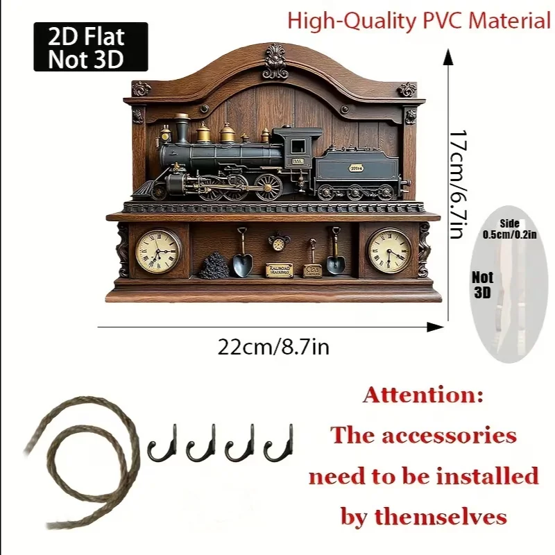 Wall Mounted Key Holder Porch Decor Key Hook with 4 Hangers Wooden Vintage Train Track Wall Hanging Ornamen Decorative for Home