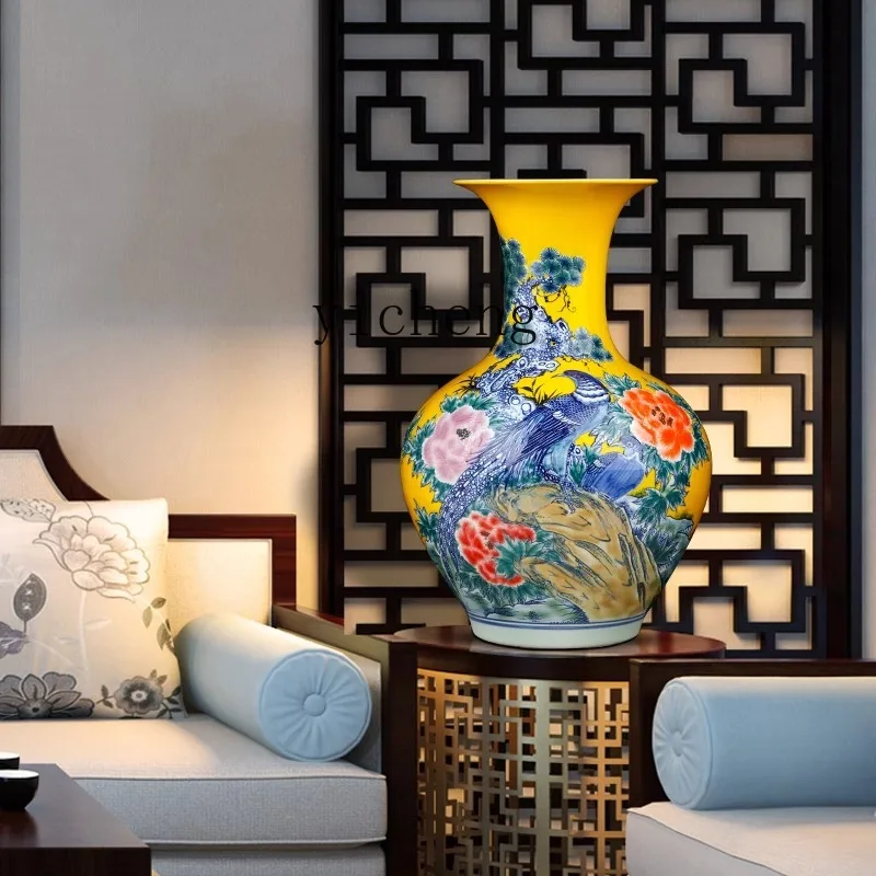 

L7-8 ceramics floor-to-ceiling vase antique yellow ground blue and white porcelain hand-carved ornaments