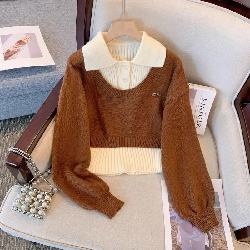 Women Japanese Style Fake Two Piece Crop Knit Sweater Autumn Polo Collar Loose Long Sleeve Chic Knit Top