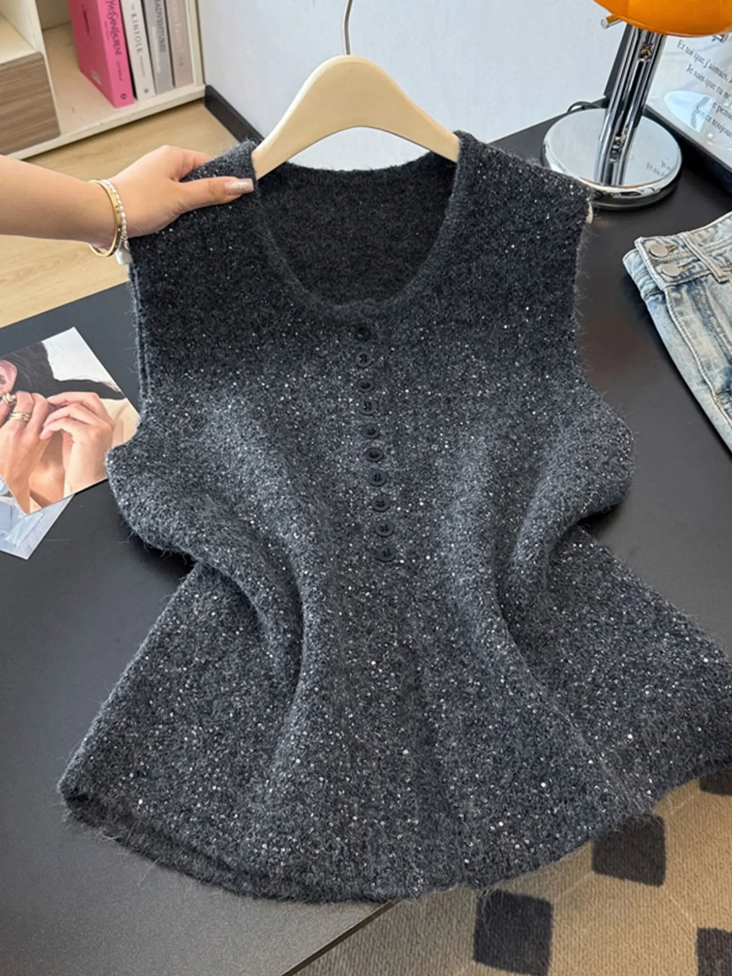 

Модный яркий вязаный жилет Tead ey, женский свободный утягивающий топ большого размера, повседневный открытый кардиган из мягкой ткани