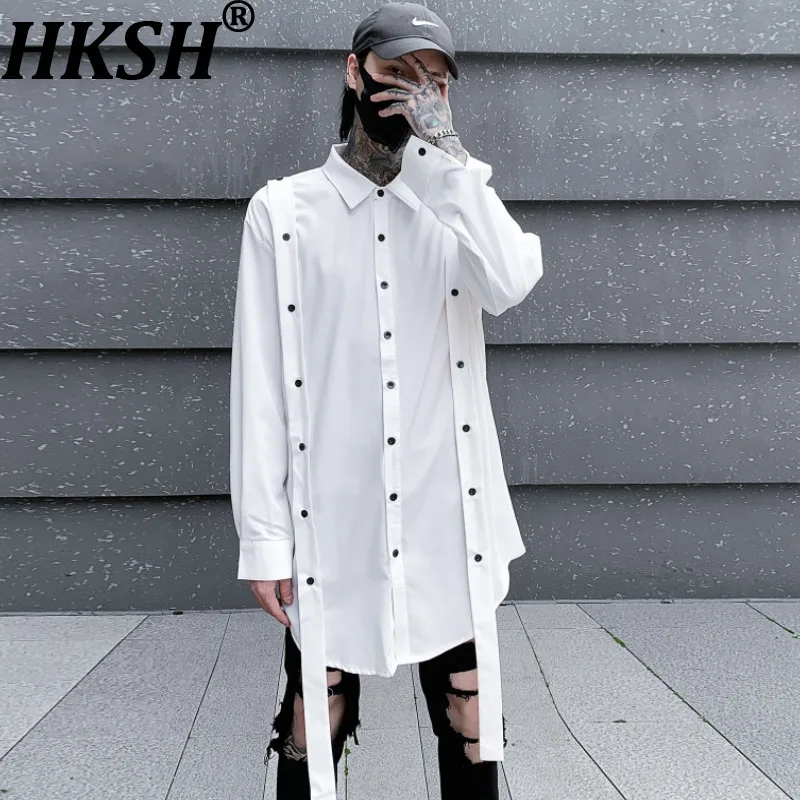 

HKSH Spring Summer New Men Tide Dark Button Shirt Ribbons Long-sleeve Loose Trend Shirts Chic Ins Punk Gothic Korean Top HK22372