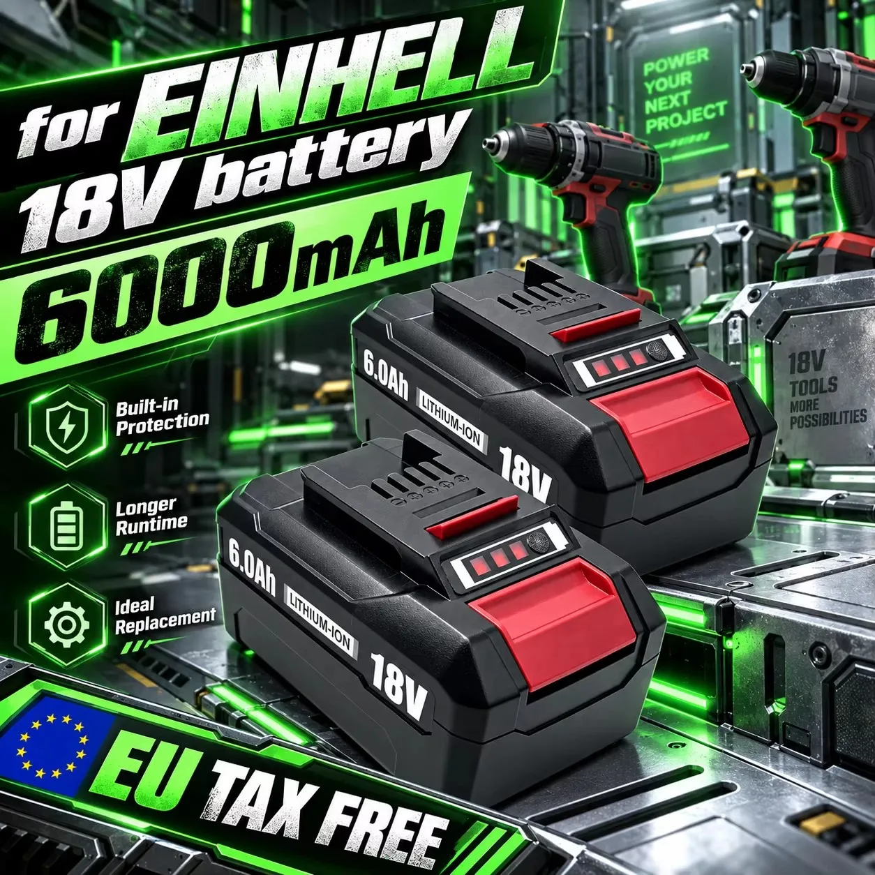 Lokaler Lagerbestand von 18V 6,0Ah Lithium-Ionen-Ersatzbatterien in der Europäischen Union, kompatibel mit Einhell X-Change 4511396 4511437 neu PXBP-600 PX-BAT52 Elektrowerkzeug-Akku