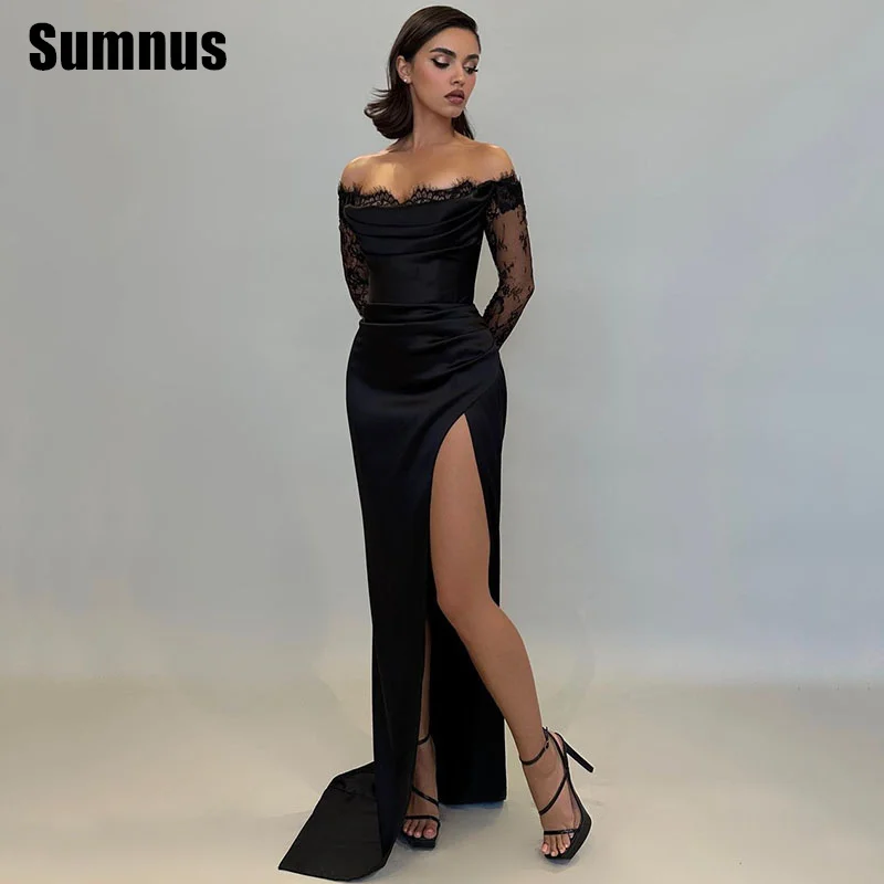 Sumnus sexy preto sereia vestido de baile com renda alta divisão elegante fora do ombro vestidos de noite vestidos formais personalizados