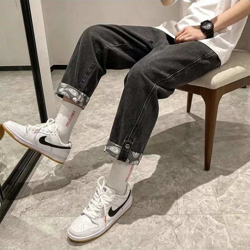 Men Denim Pants Vintage Straight Jeans Baggy Trouser Prints Patchwork Black Man Colthing Streetwear Design Casual Solid Slim