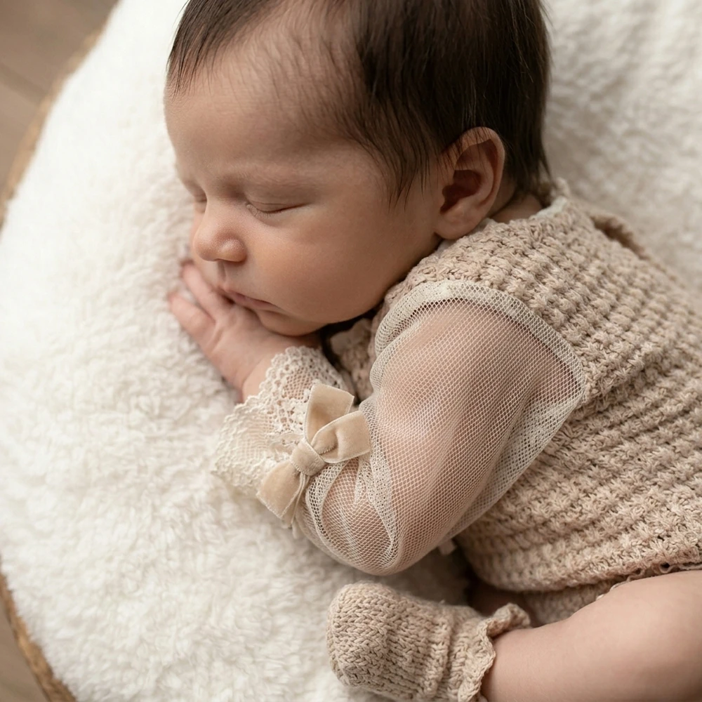 Newborn Photography Props Knit Baby Romper Vintage Lace Long Sleeve Bow Princess Infant Photoshoot Outfit Studio Clothes