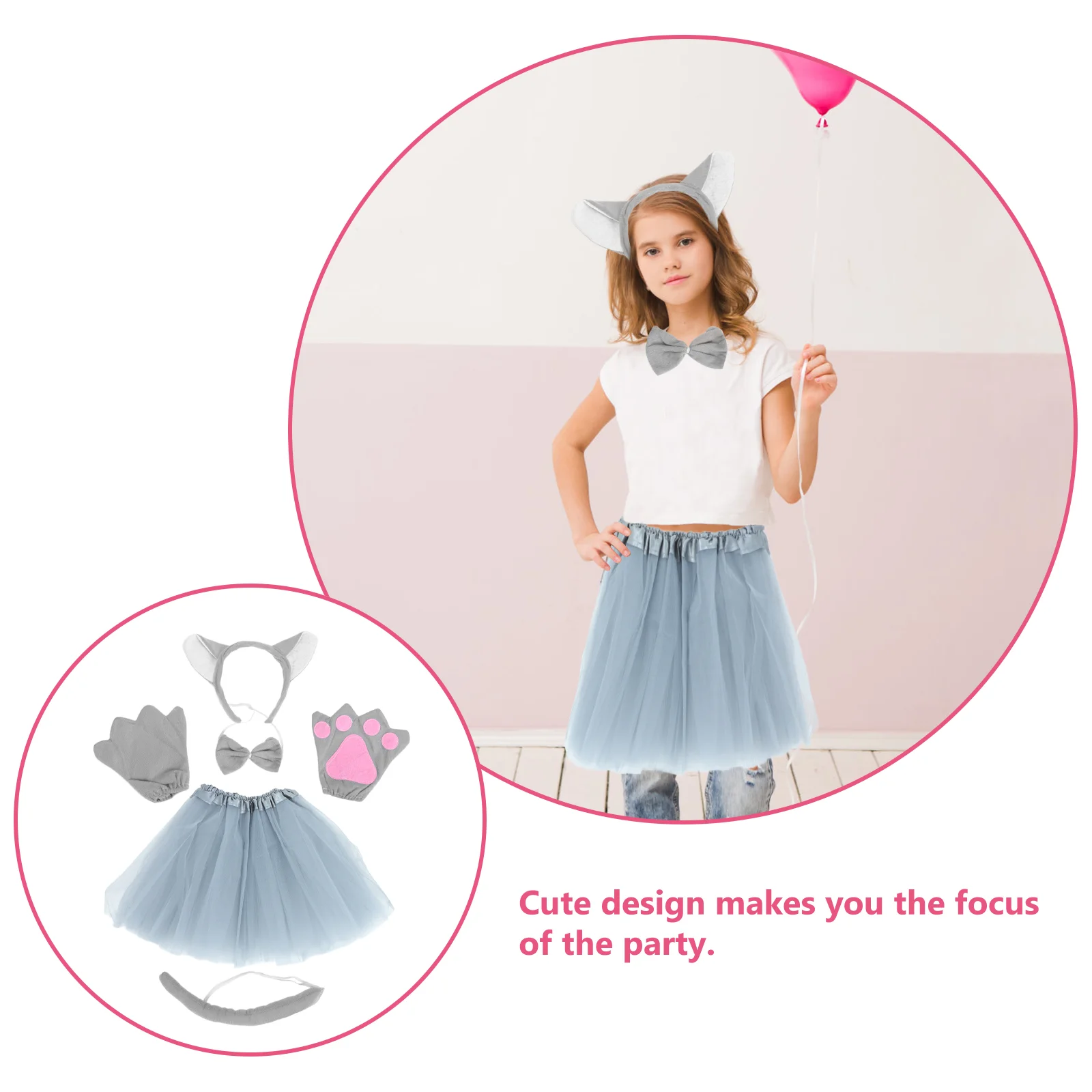 5 ชิ้นใน 1 ชุดสร้างสรรค์สัตว์หมาป่าใหญ่คอสเพลย์เครื่องแต่งกายแถบคาดศีรษะ Bow Tie Paws ถุงมือตาข่ายกระโปรงชุดเด็ก Performance Stage H