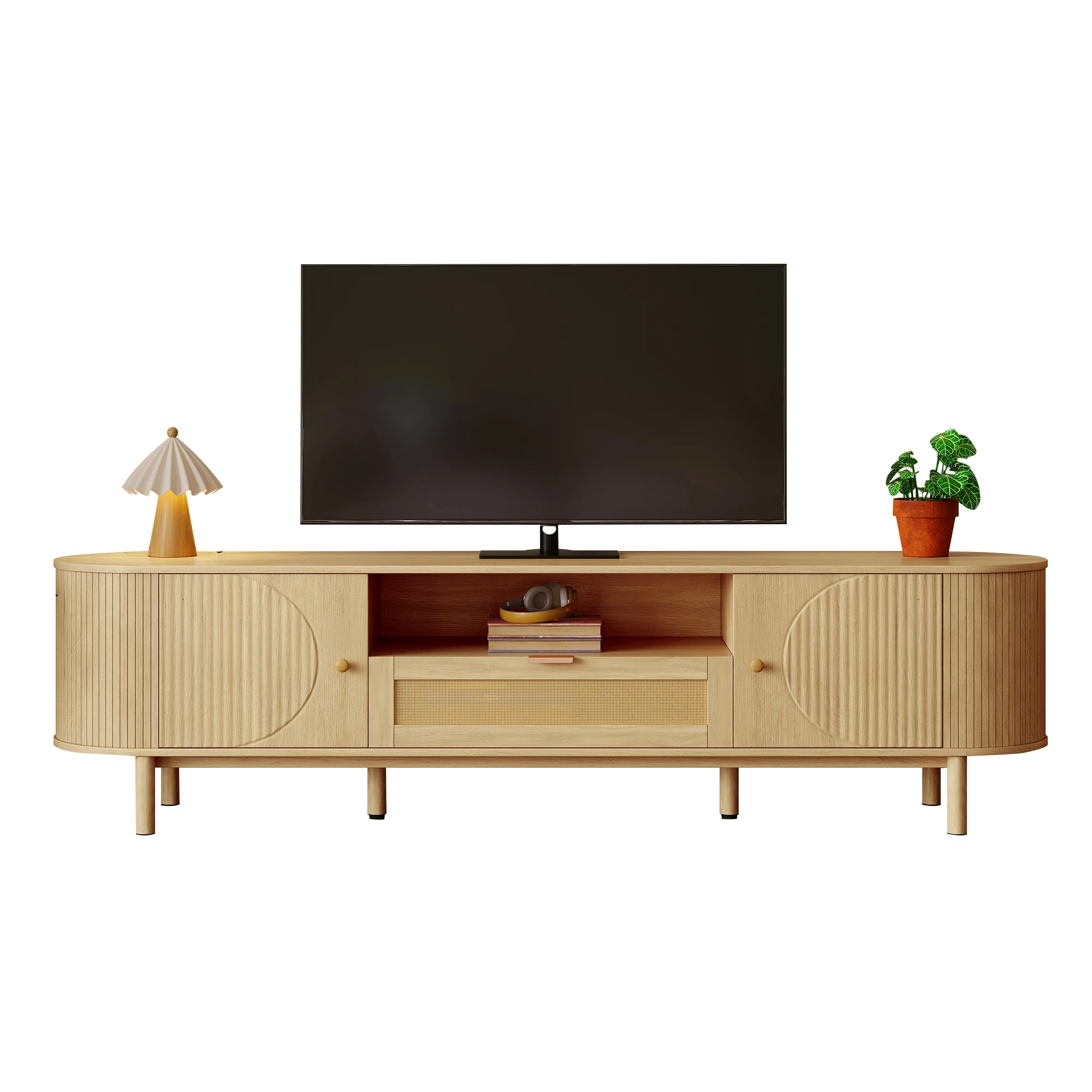 PINGGO Moderner TV-Schrank mit Rattanschublade, offenen Regalen, runder Tischplatte, Metallbeinen, Holzoptik, 175x36x41 cm – Detail 9