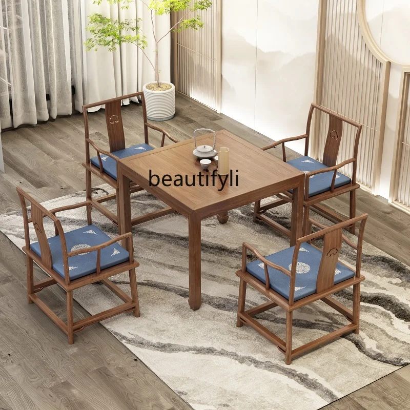 Chinese solid wood square table ash wood chess and card table square dining table and chair combination