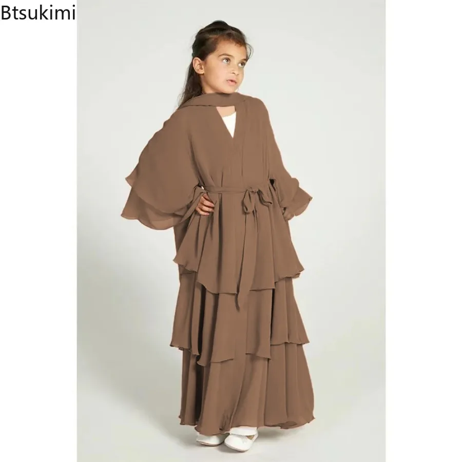 2024 Eid Muslim Kids Abaya Girls Chiffon Dress Fashion Solid Long Kaftan Robe Arab Islamic Clothing for Child Modest Prayer Gown