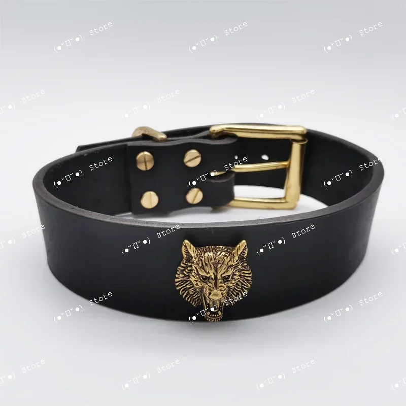 

Кожаный ошейник ручной работы с латунной головой волка, большой ошейник для собак, ошейники для питбуля, малинуа, добермана, аксессуары для собак, товары для животных