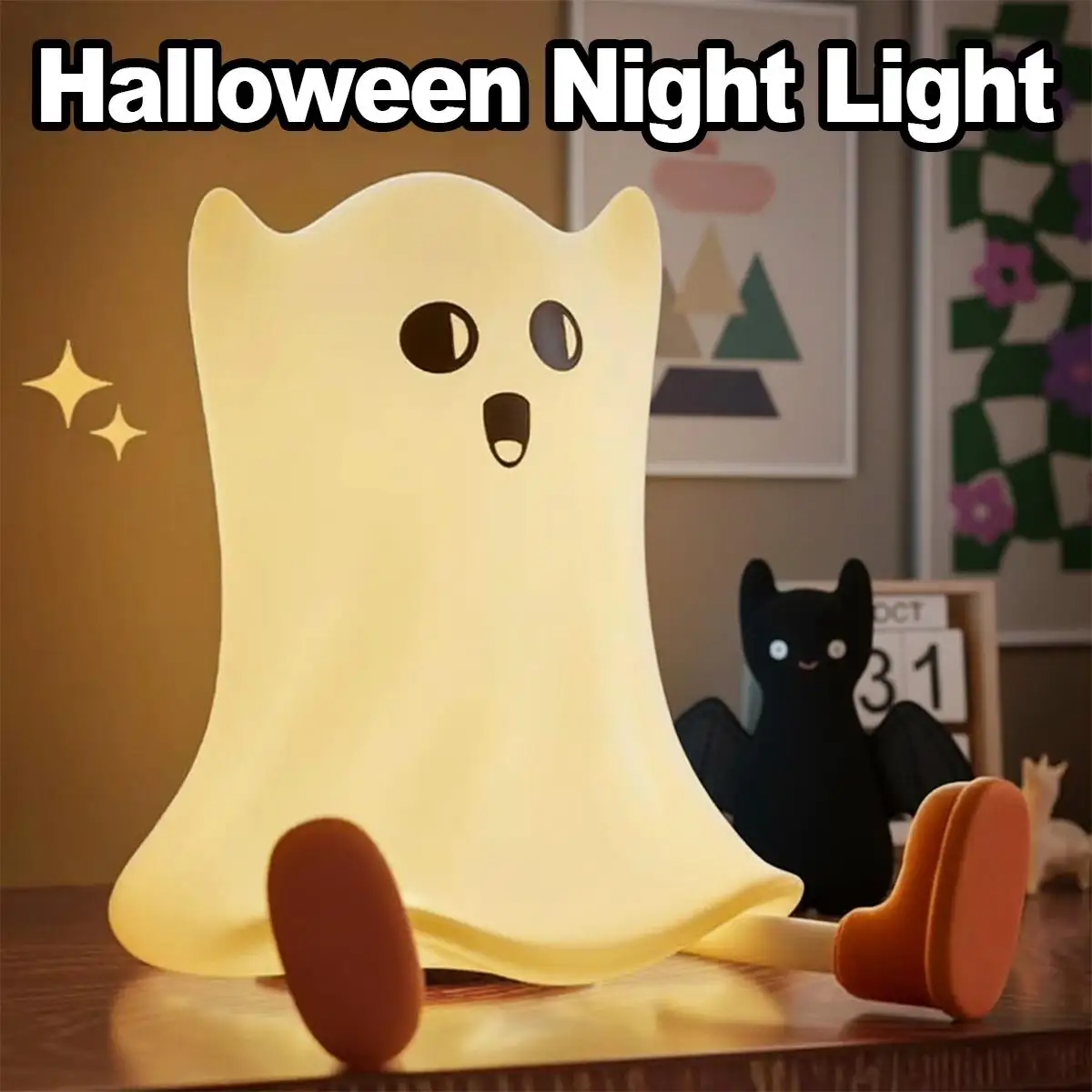 Lampada da comodino in silicone ricaricabile per luce notturna a led di Halloween, per bambini, zucca, portatile, per la cameretta dei bambini