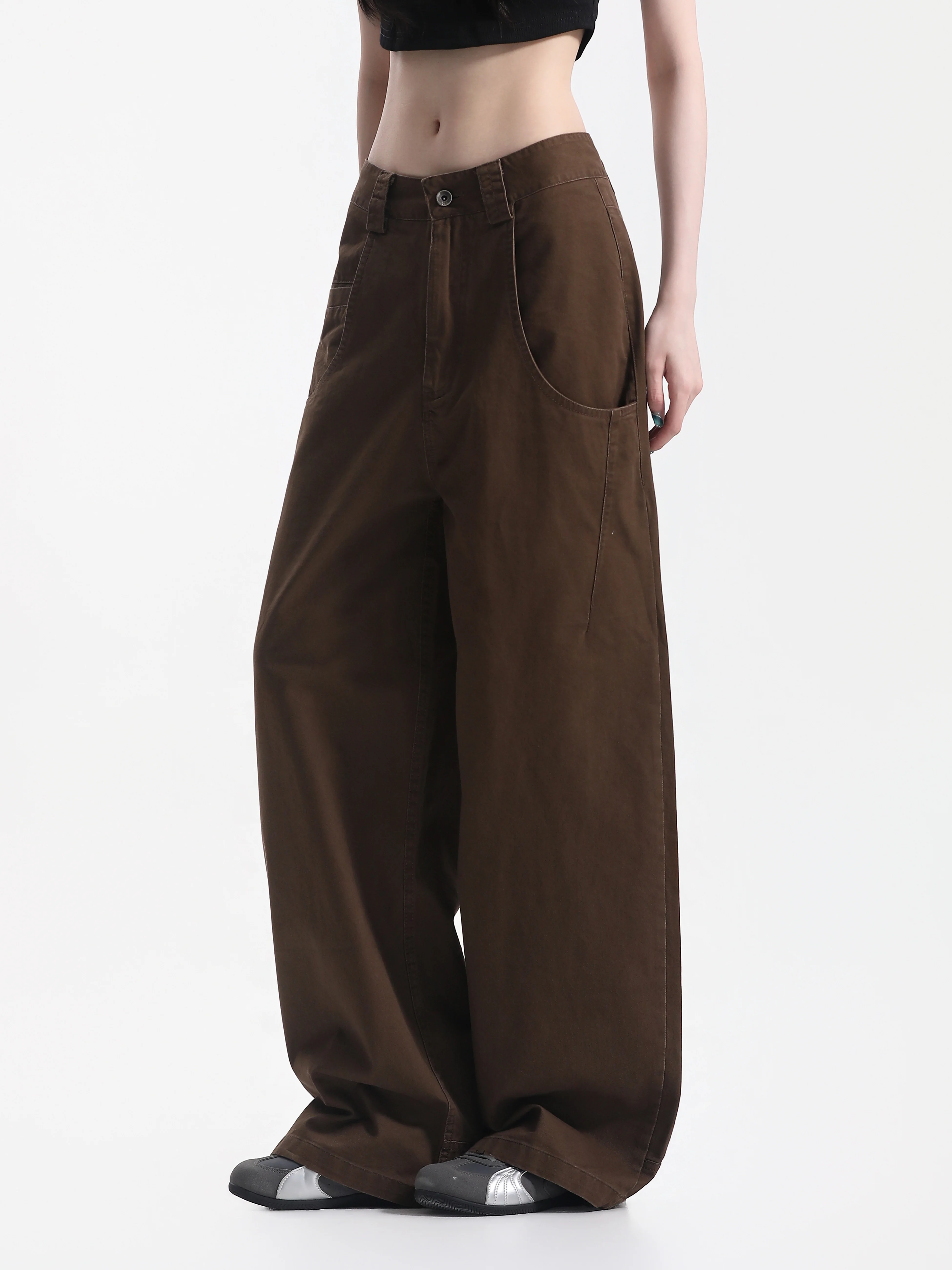 Street Style Decomposed Wide Leg Pants Women's Vintage Workwear Cotton Natural Waist Button Pocket Loose Fit Four Seasons