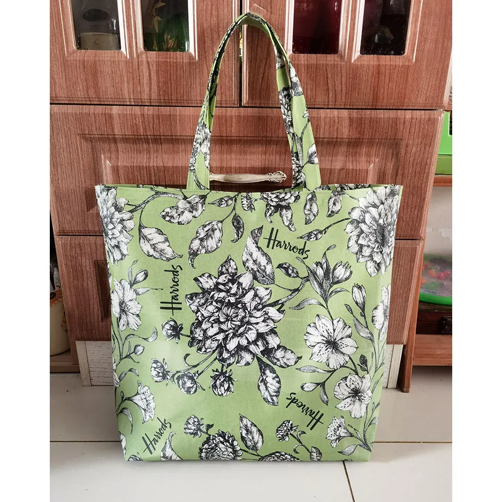 Harrods Classic Large Capacity Shopping Bag Green Flower Series PVC Waterproof Handheld Vegetable Buying Bag American Style C...