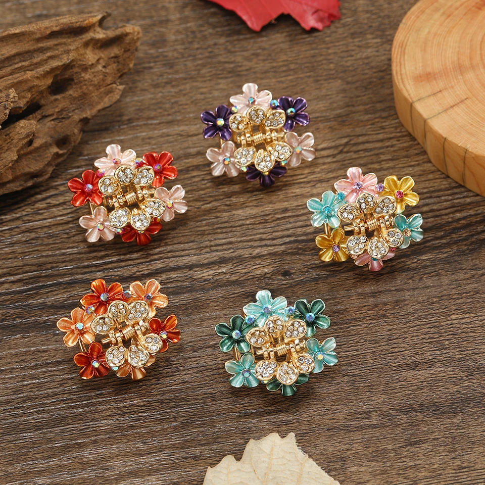 Retro Flower Painting Siders Hairs Claw Clip Mini Small Rhinestone Hair Clip Accessories Fashion Women Metal Headwear Jewelry