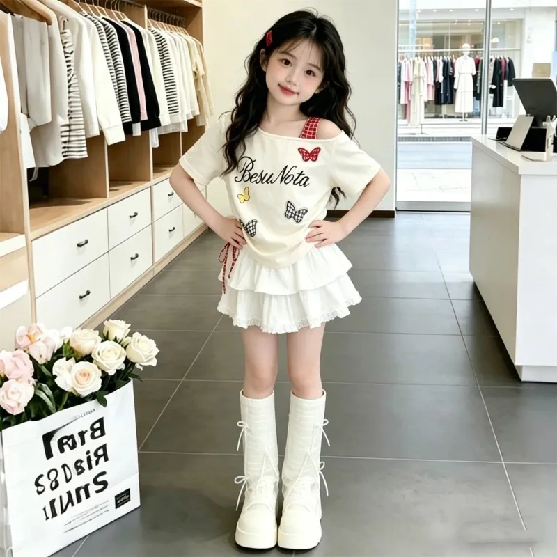 UNITIM Summer Junior Girls Two Piece Set Young Teens Girls Pattern Printed Off-shoulder Top Suit Solid White Cake Skirts Outfits
