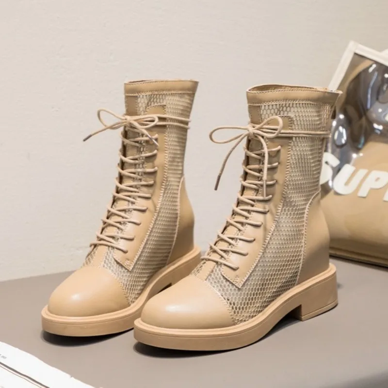 

Inner Heightening Women's Boots Leather 2026 Summer Boot British Wind Hollow Cool Boots Mesh Short Boots Women