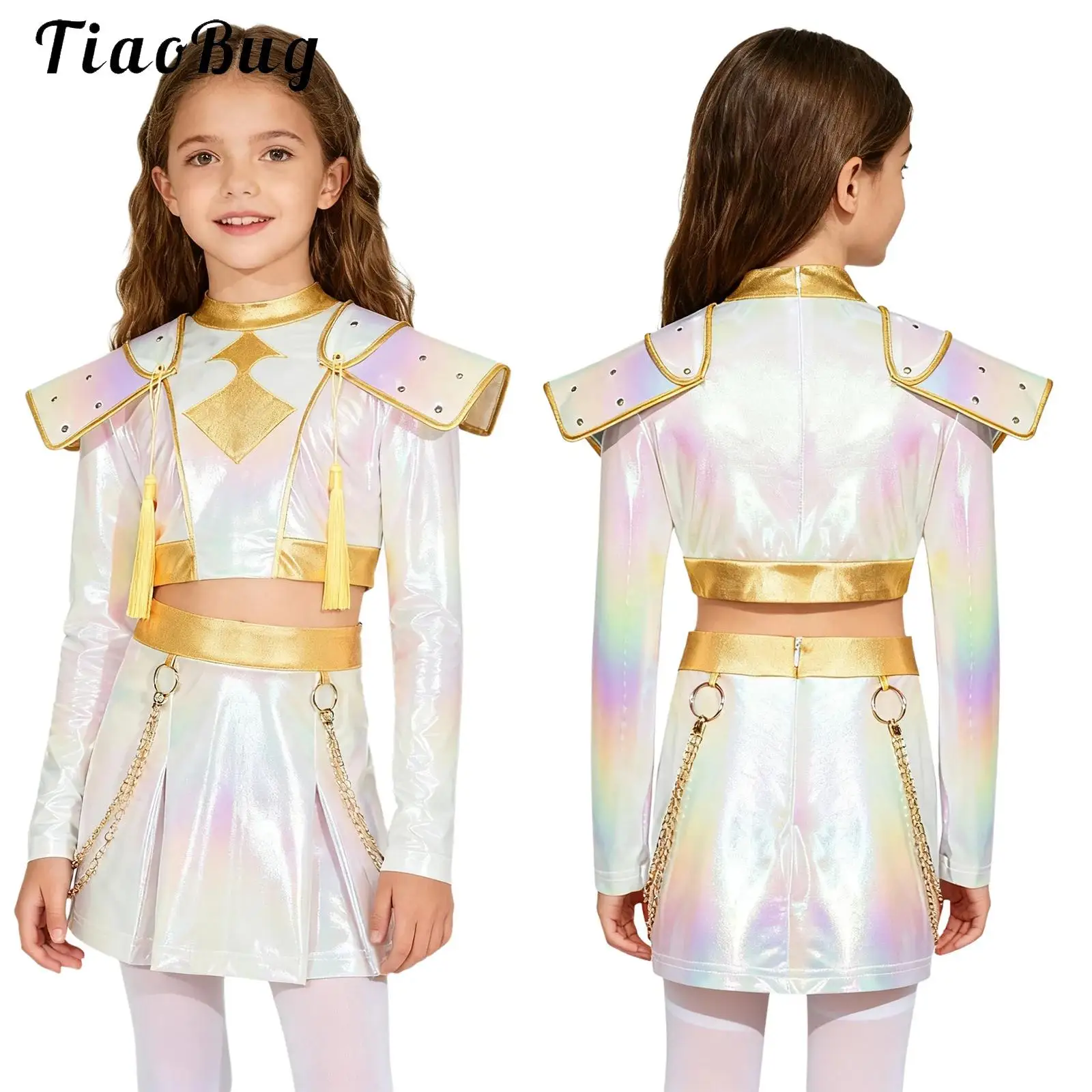 

Kids Girls Demon Singer Leader Concert Outfit Anime Roleplay Gloss Jacket Crop Top and Waist Chain Skirt Halloween Dance Outfits