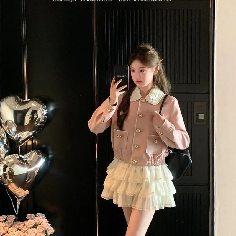 เสื้อแจ็คเก็ตหนังคอปีเตอร์แพนสไตล์เกาหลี เสื้อแจ็คเก็ตสั้นสำหรับผู้หญิง เสื้อโค้ทแฟชั่นสไตล์ลำลองสำหรับฤดูใบไม้ผลิและฤดูใบไม้ร่วง