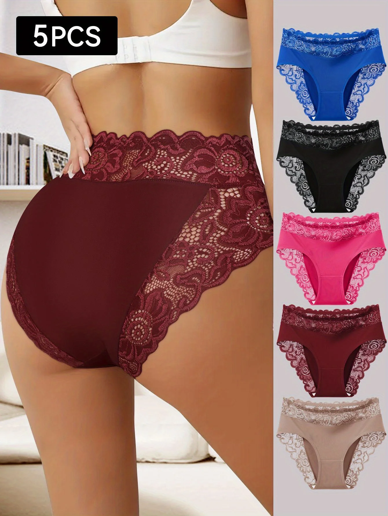 

5Pcs/Set Women's High Waist Tummy Control Panties Seamless Soft Elastic Elegant Lace High Waist Floral Briefs Comfort Briefs