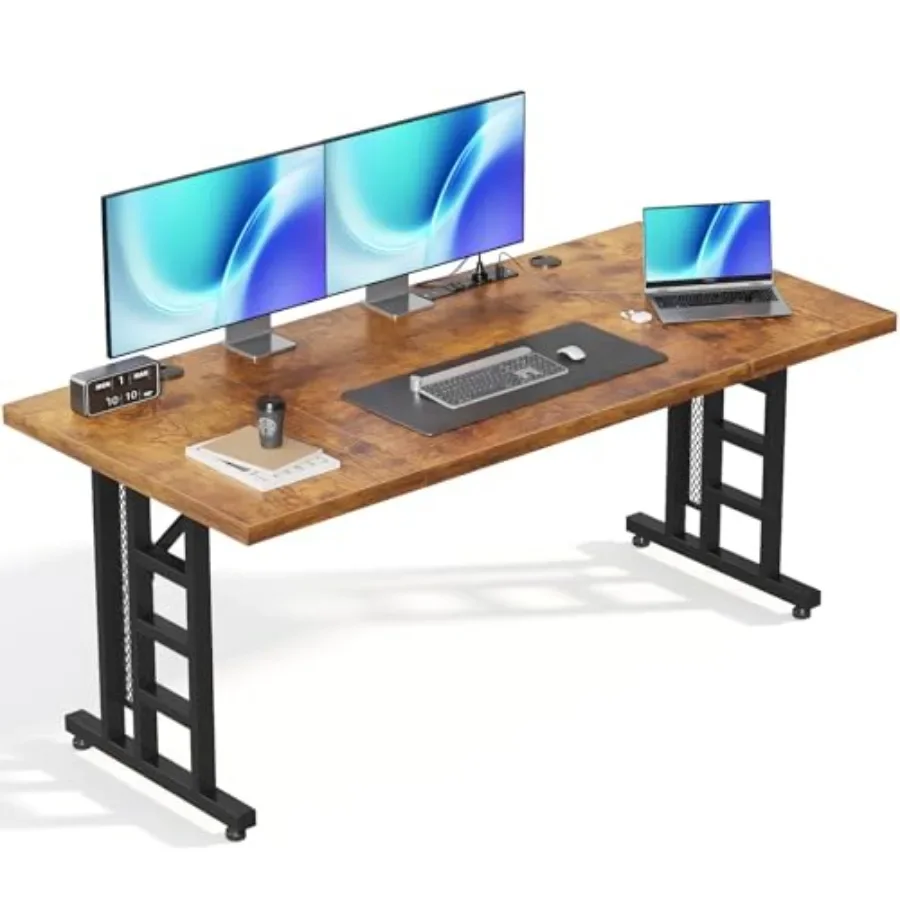 Executive computer desk with outlets for office use, made of engineered wood in matte black finish, featuring built-in power ou