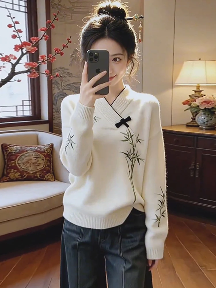 

Новый китайский вязаный свитер с вышивкой и пуговицами для женщин, весенне-осенний, с V-образным вырезом, базовый слой, повседневный свободный крой, трикотаж