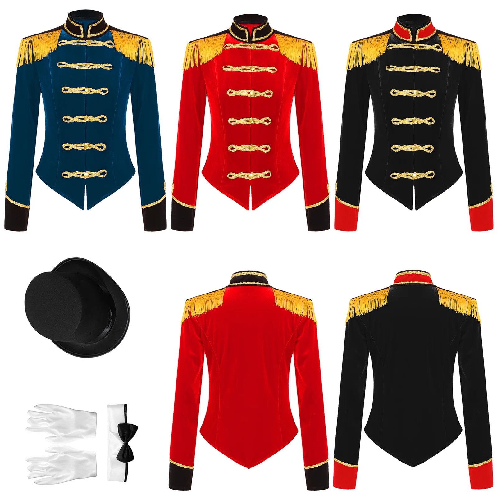 Traje de circo Ringmaster para mulheres, manga comprida, jaqueta com franjas, casaco, chapéu, colar, luvas, performance de vestir, cosplay de Halloween