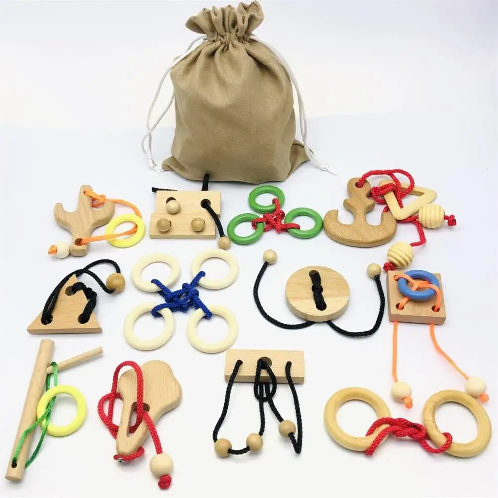 Set of 6/12PCS Magic Brain Teasers Puzzle Logic Wooden Rope Loop Rings Puzzles Game Toys Gift for Adults Kids