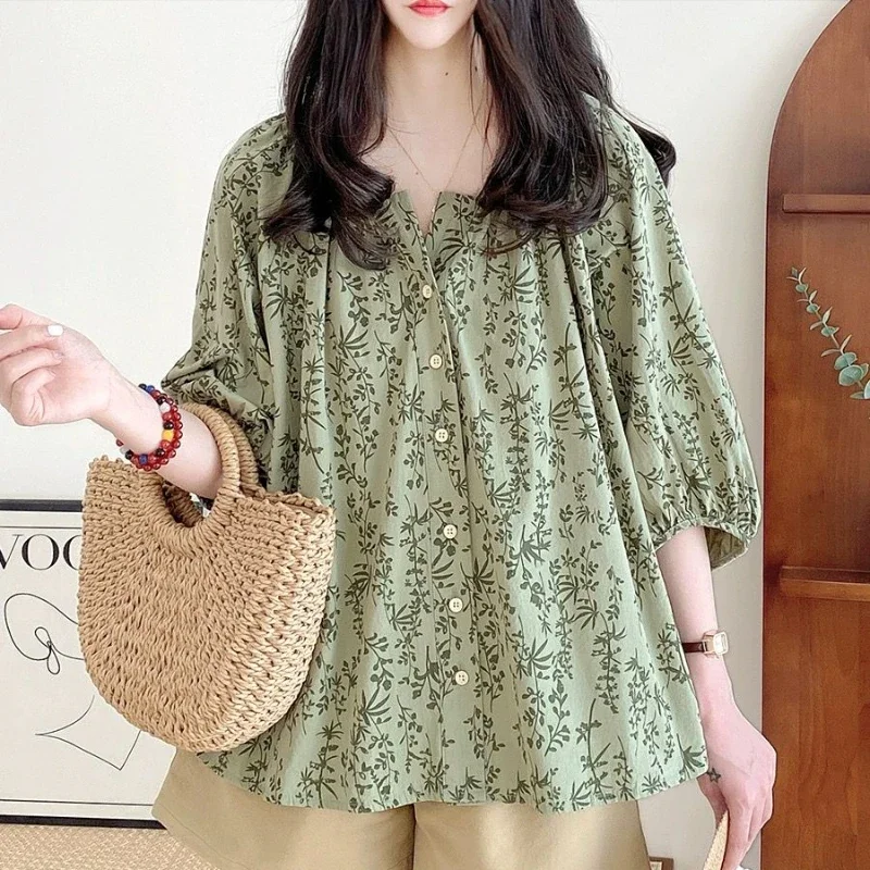 Charming Women's Floral Print Blouse with Lantern Sleeves Spring and Summer Casual Shirts