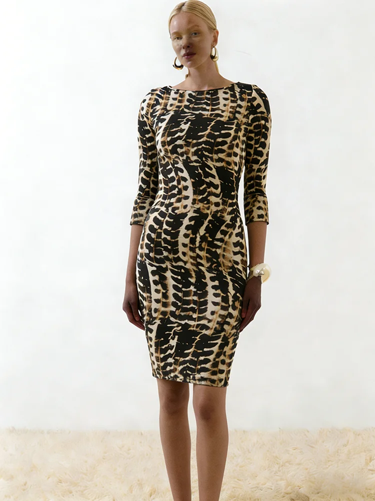YUZHEXI Women's Aztec Stripes Midi Dress Elegant Elbow Sleeves Slim Commuter Brown Sheath