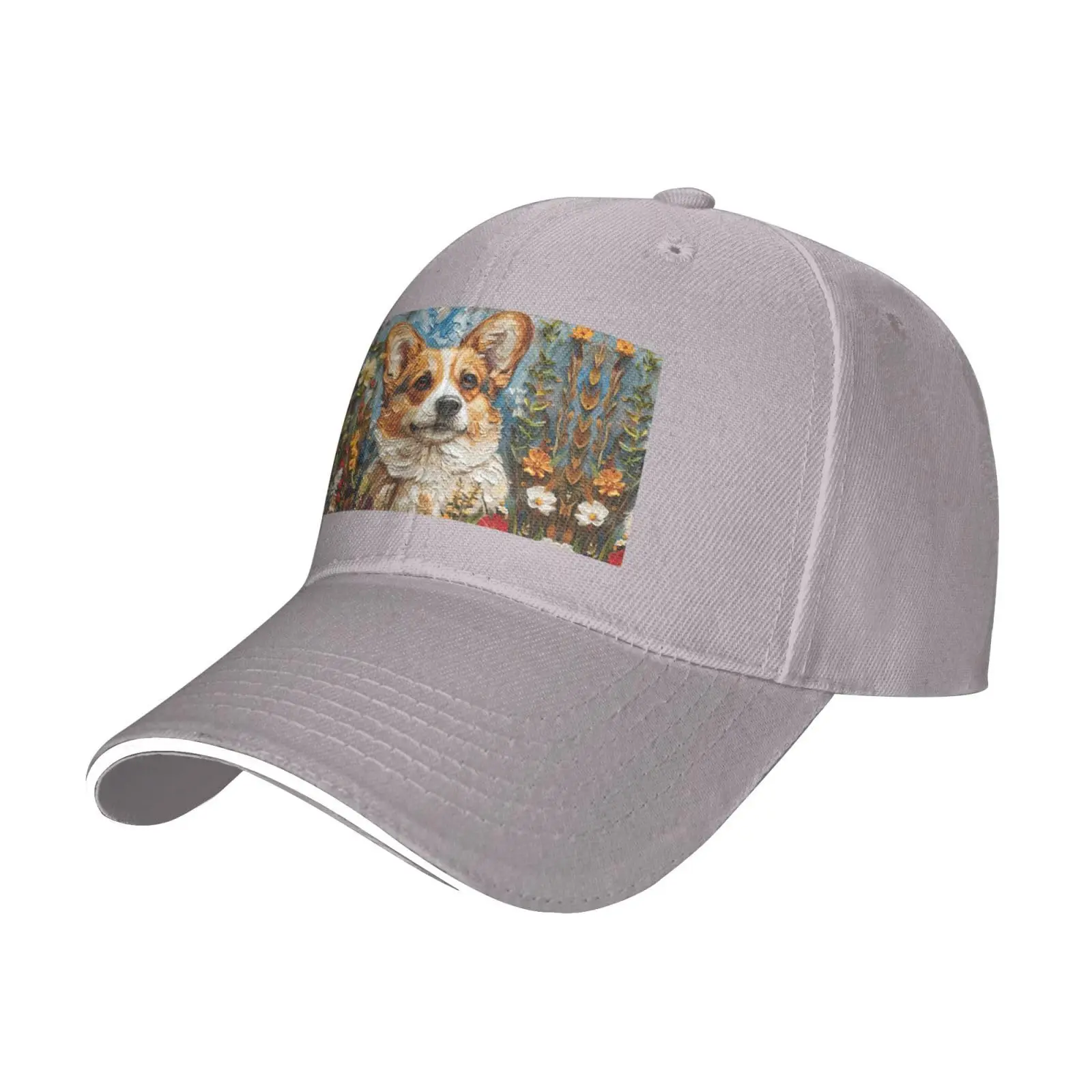 Corgi Floral Flowers Spring Garden Print Sandwich Baseball Cap Classic Baseball Cap Adjustable Fashion Outdoor Cap Fashion Gift