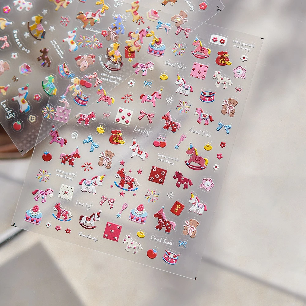 Naklejki na paznokcie 5D z motywem noworocznym, tłoczone konie trojańskie/niedźwiedzie, samoprzylepne, różowe kokardki, kreskówkowe konie, naklejki kawaii, kolorowe slidery z koniem.