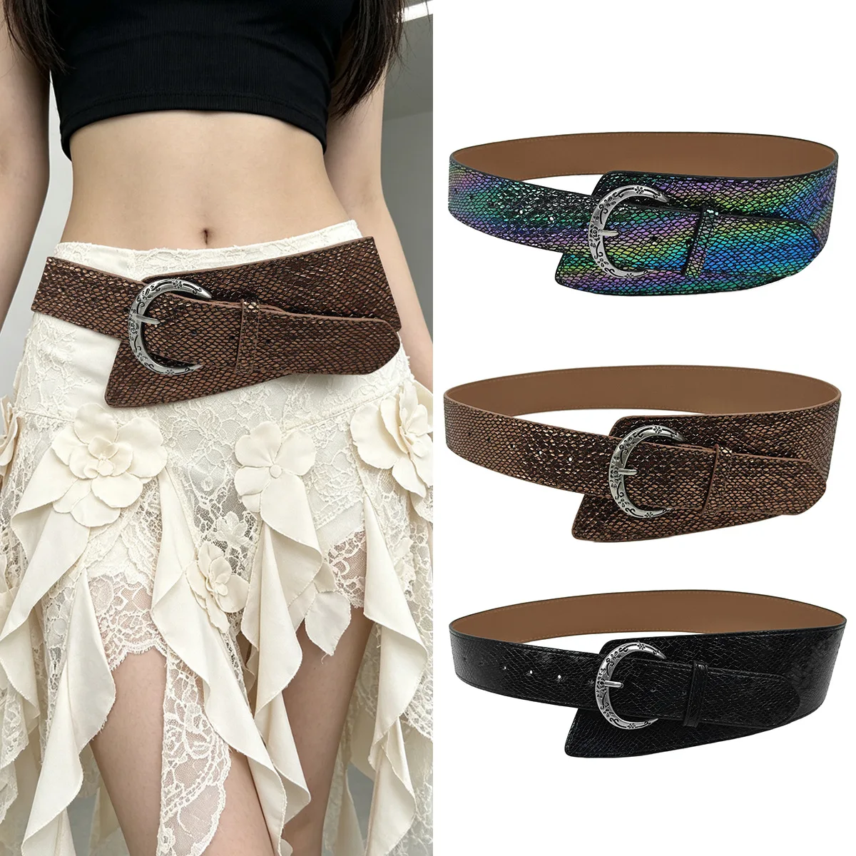 Vintage Shining Black Irregular Leather Wide Belt Personality Dress Waist Belt Coat Accessorie Women Fashion Autumn 2026