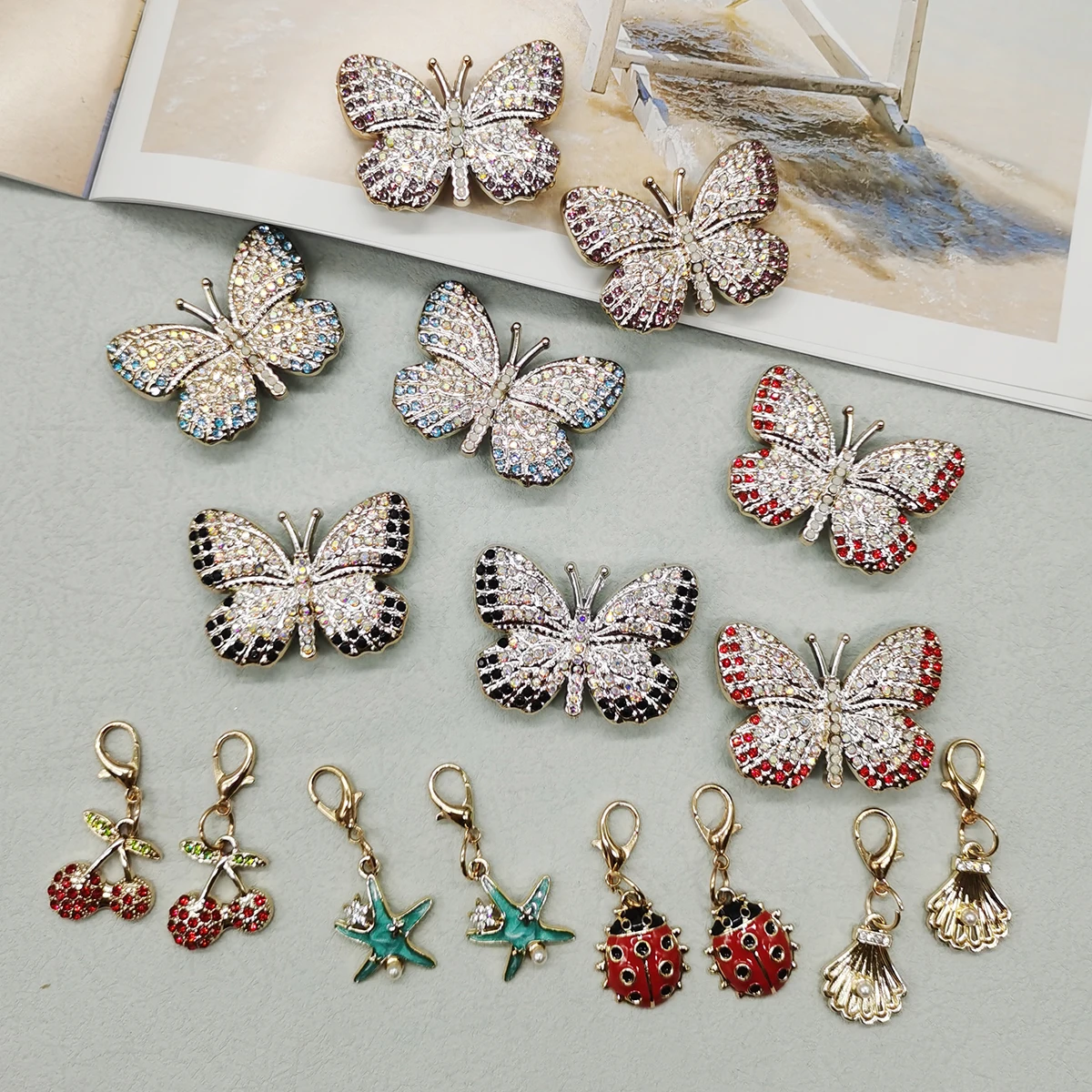 4PCS Rhinestone Butterfly Shoelaces Charms DIY Cherry Ladybug Shoe Pendants Decorations Shell Starfish Shoe Clips Accessories
