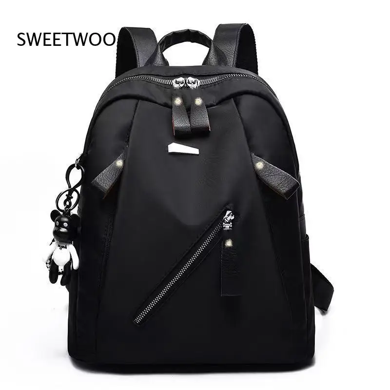 Ladies Fashion Backpack Smooth Fabric Multi Zipper Design Cute Doll Ornament Pendant Lightweight Practical Rucksack