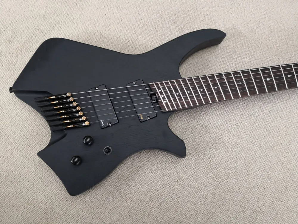 Matte black Headless Faned 7 Strings Electric Guitar with  ASH Body,Rosewood Fingerboard,Provide customized services