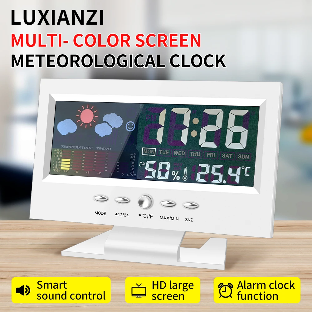 LUXIANI محطة الطقس متعددة الوظائف التحكم الصوتي LCD ميزان الحرارة الرقمي الرطوبة ساعة منبه التقويم توقعات الطقس