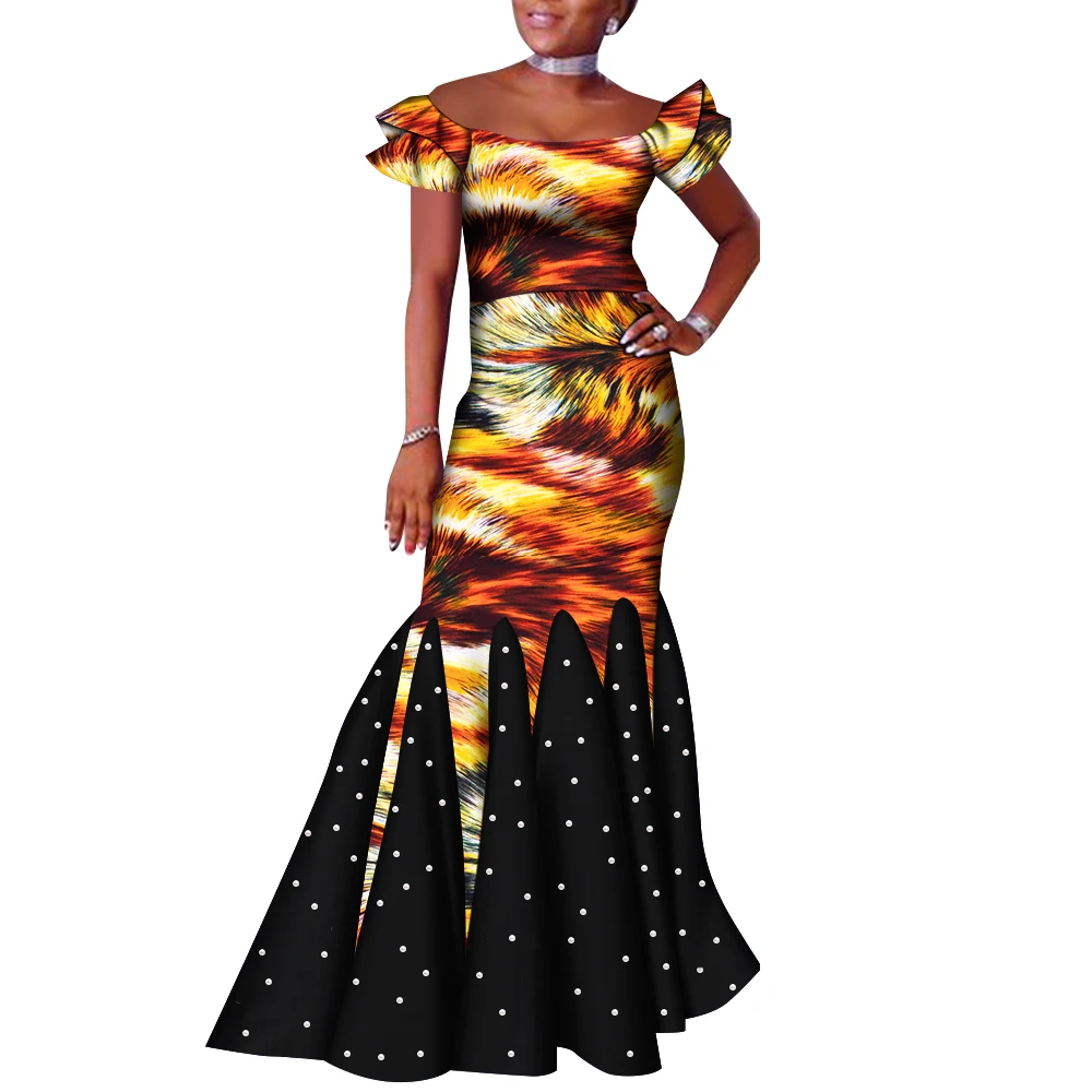 

African Ankara Dresses for Women Dashiki Autumn Dress Bodycon Print Batik Short Sleeve Party Mermaid Dress for Lady Party WY684