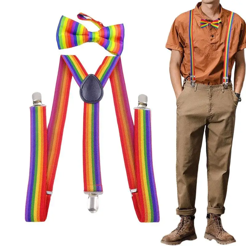 Unisex Clip-on Suspenders and Bow Ties Sets Elastic Suspender Colorful Rainbow Stripe Pattern Adults Elastic Y-back Suspenders