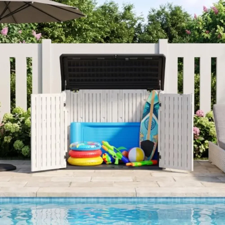 Outdoor resin storage shed for backyard patio garden tools: horizontal, lockable, waterproof, gray, UV-resistant and weatherpro