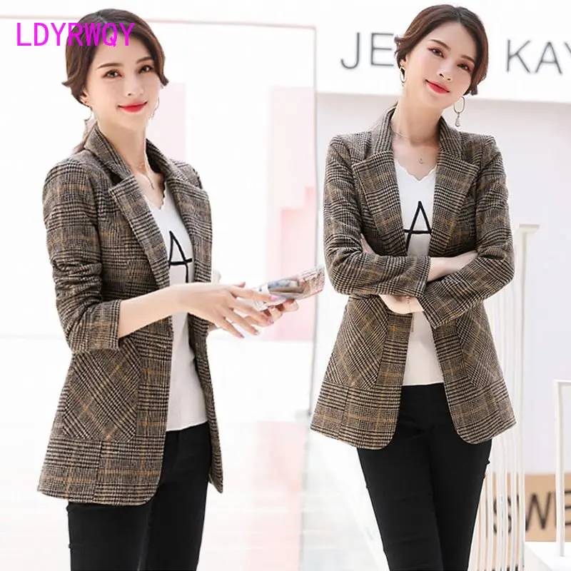 2022 New Spring and Autumn Suit Coat Women's Korean Checked Top Slim Fit