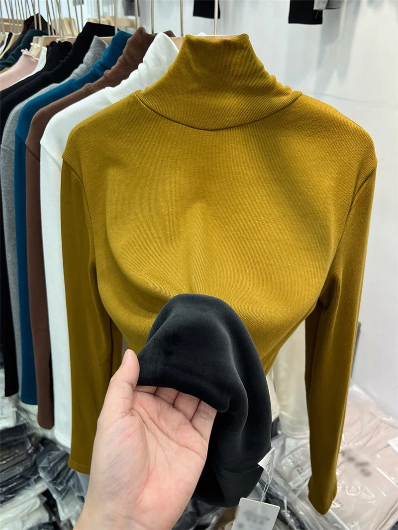 

Женская теплая флисовая футболка с высоким воротником и длинным рукавом, без этикетки, в корейском стиле, зимняя мода
