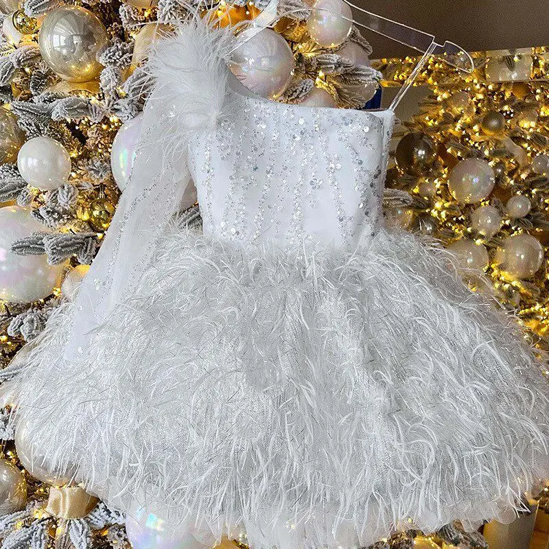 

Girls Host Evening Princess Dress Birthday Children's Piano Performance Dress Kids High End Puffy Gauze White Flower Dress