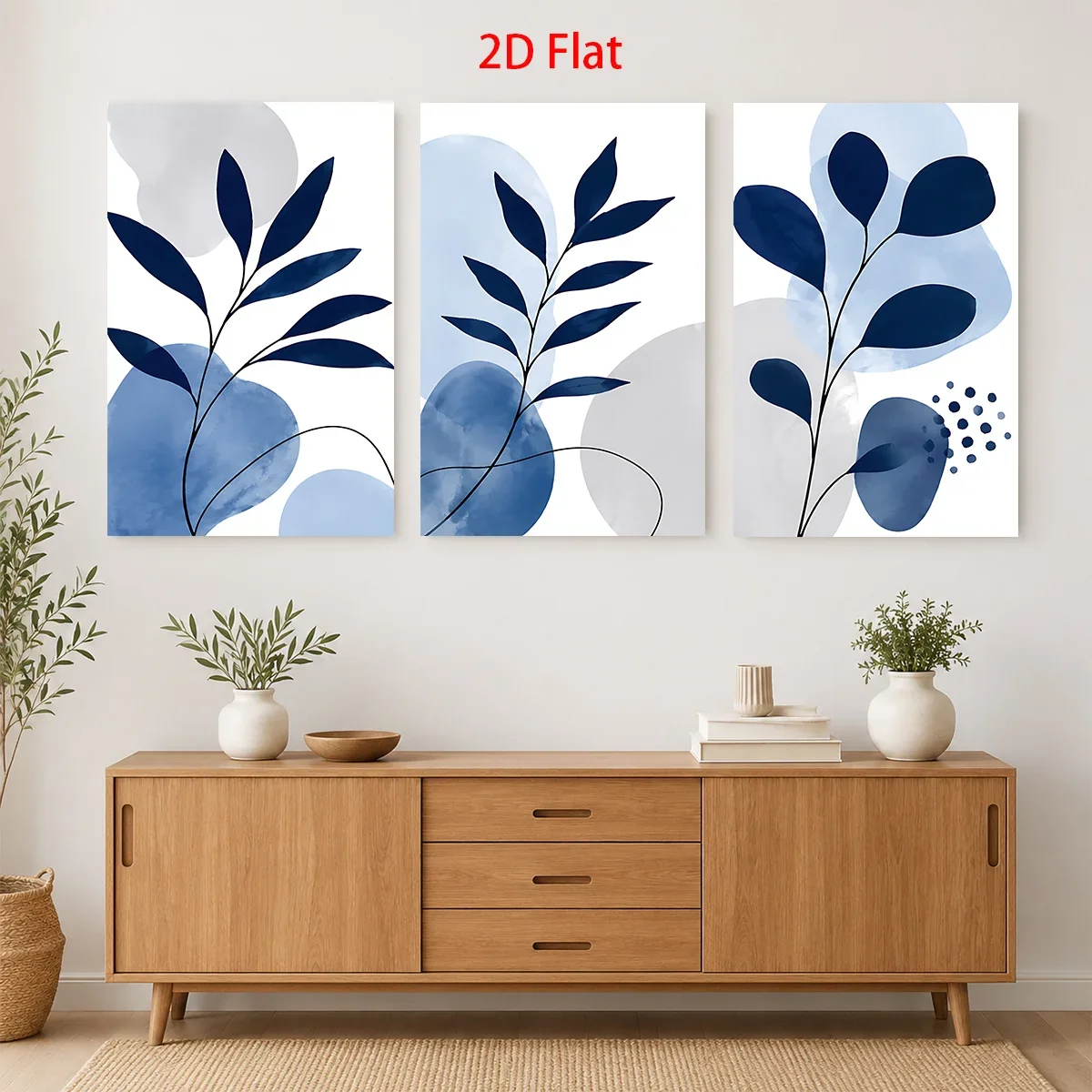 (No frame)2D Flat 3PCS- Three 2D flat paintings with blue leaves and abstract shapes on white. Themed Canvas Wall Art, Waterp