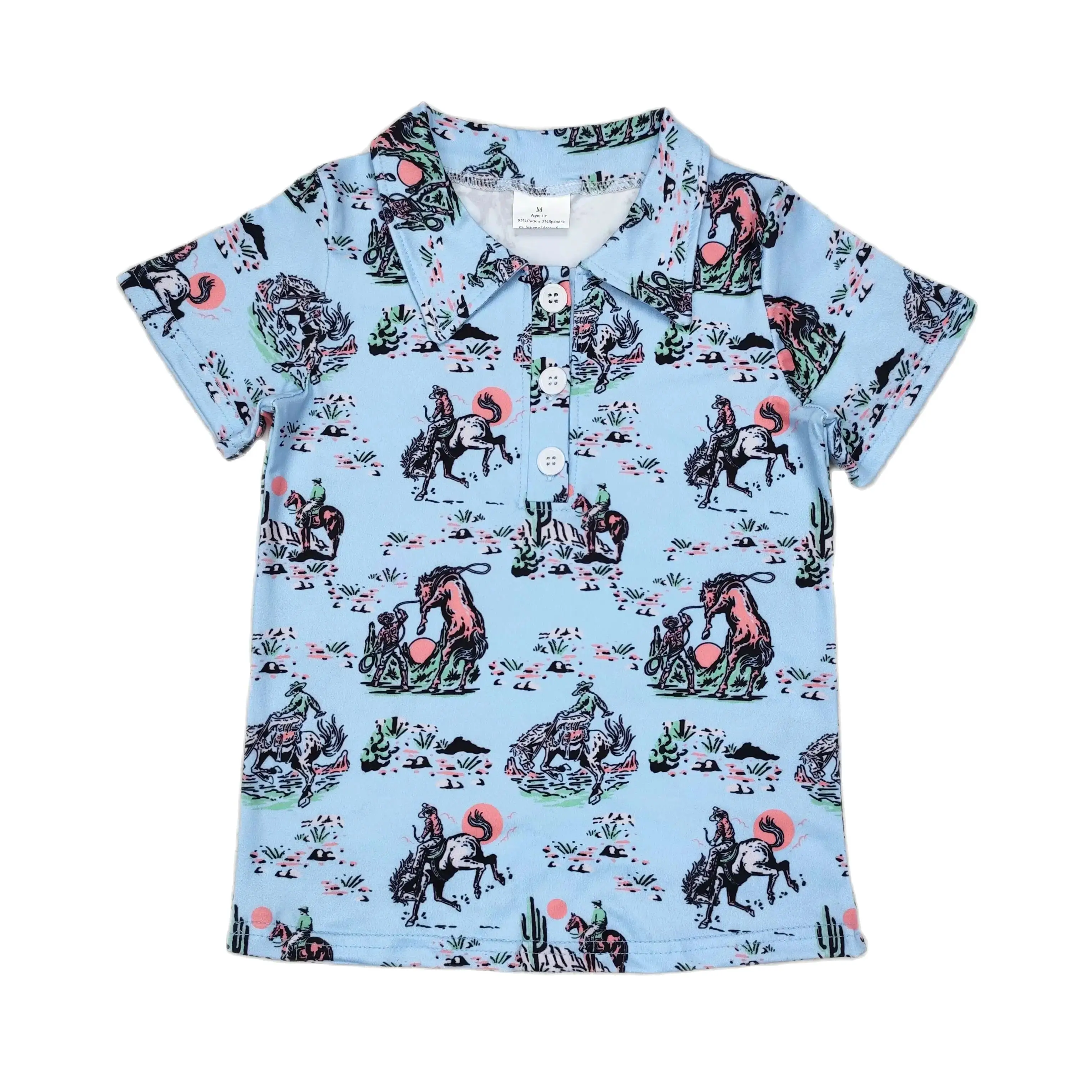 Wholesale Baby Boy Summer Western Horse Blue Shirt Beachwear Kids Short Sleeves Button Up Lapel Children Infant Cardigan Clothes