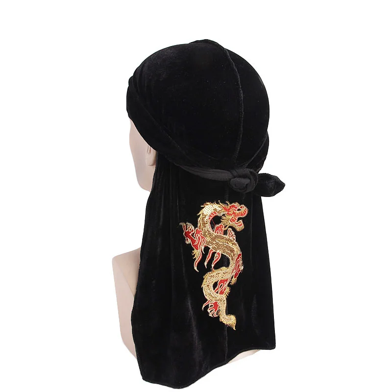 Fashion Velvet China Dragon Pattern Durag Breathable Bandana Long Tail Headwrap Women And Men Solid Color Hip Hop Turban