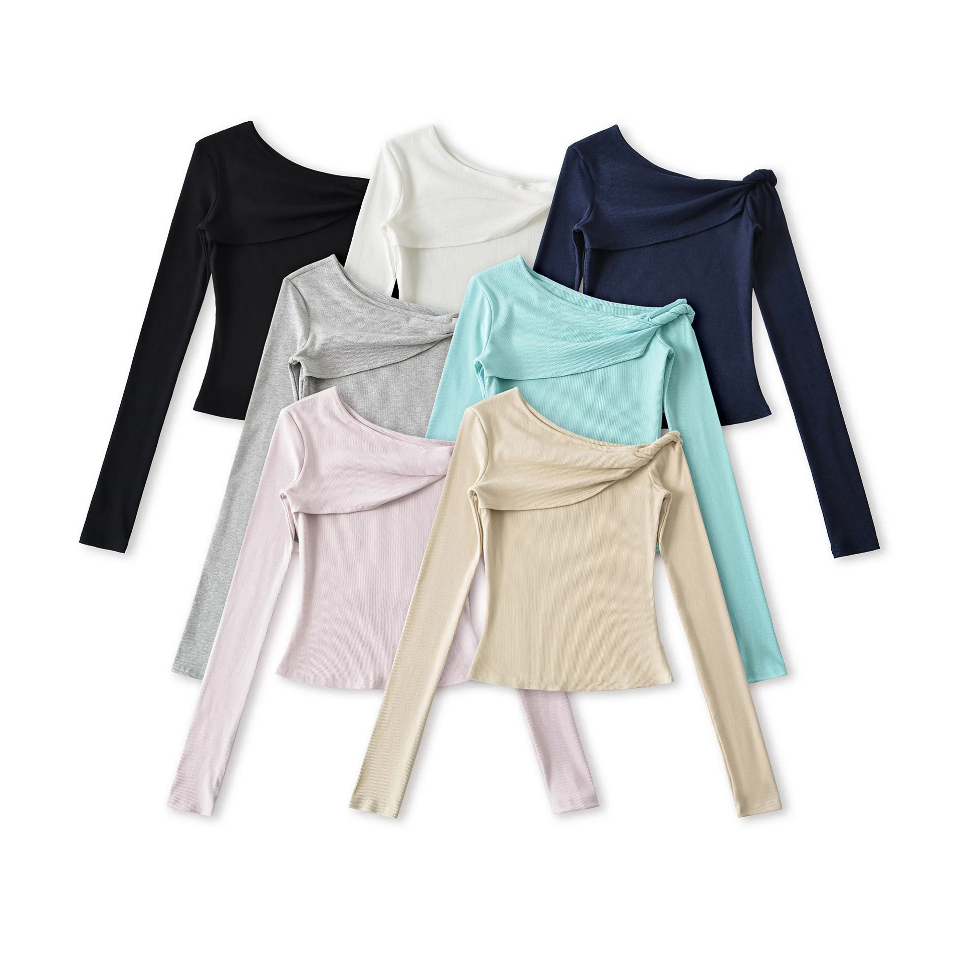 American-style sexy one-shoulder long-sleeve top  spring-summer new collection off-shoulder backless base shirt T-shirt   QL