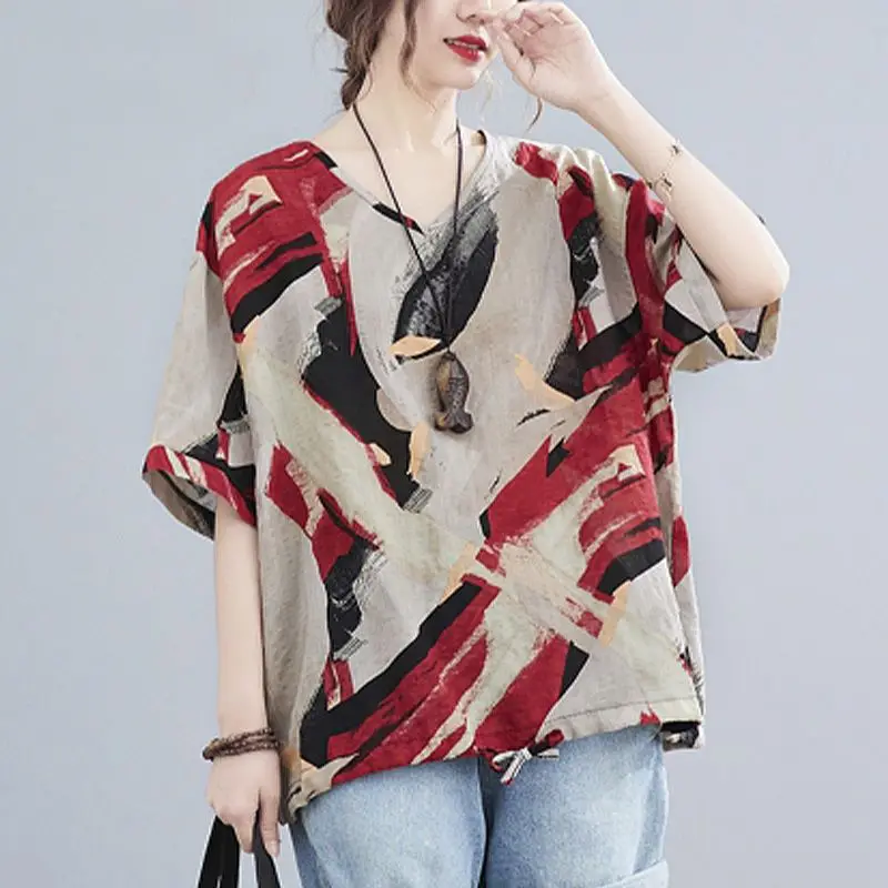 Women Summer Fashion Loose Vintage Printing Cotton and Linen V-neck Short Sleeve T-Shirt Ladies Casual Appear Thin Trend Top Tee