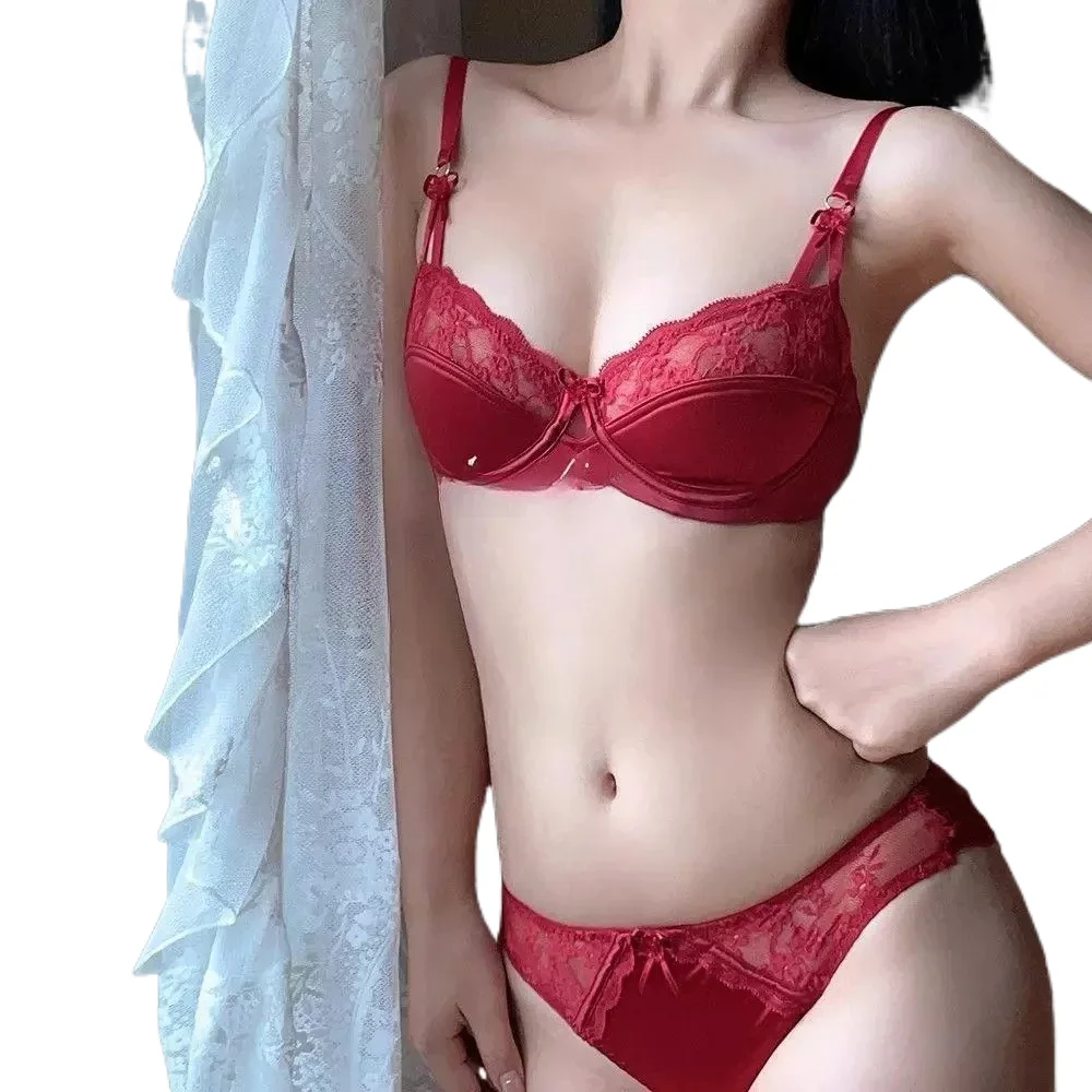 Red underwear bridal thin women's big breasts show small breasts natal year suit French half cup red sexy lace 32-38 KUCLUT