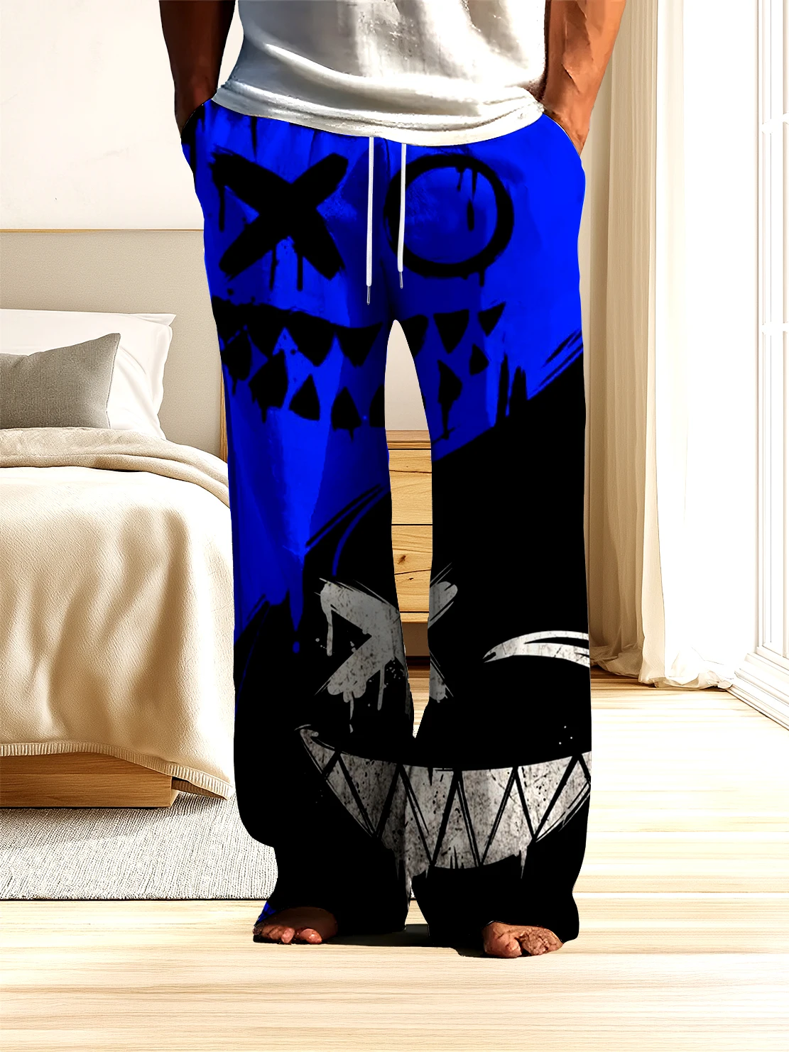 

Men's street fashion pants with 3D digital printed blue and black patterns, casual pants that dry quickly and do not fade