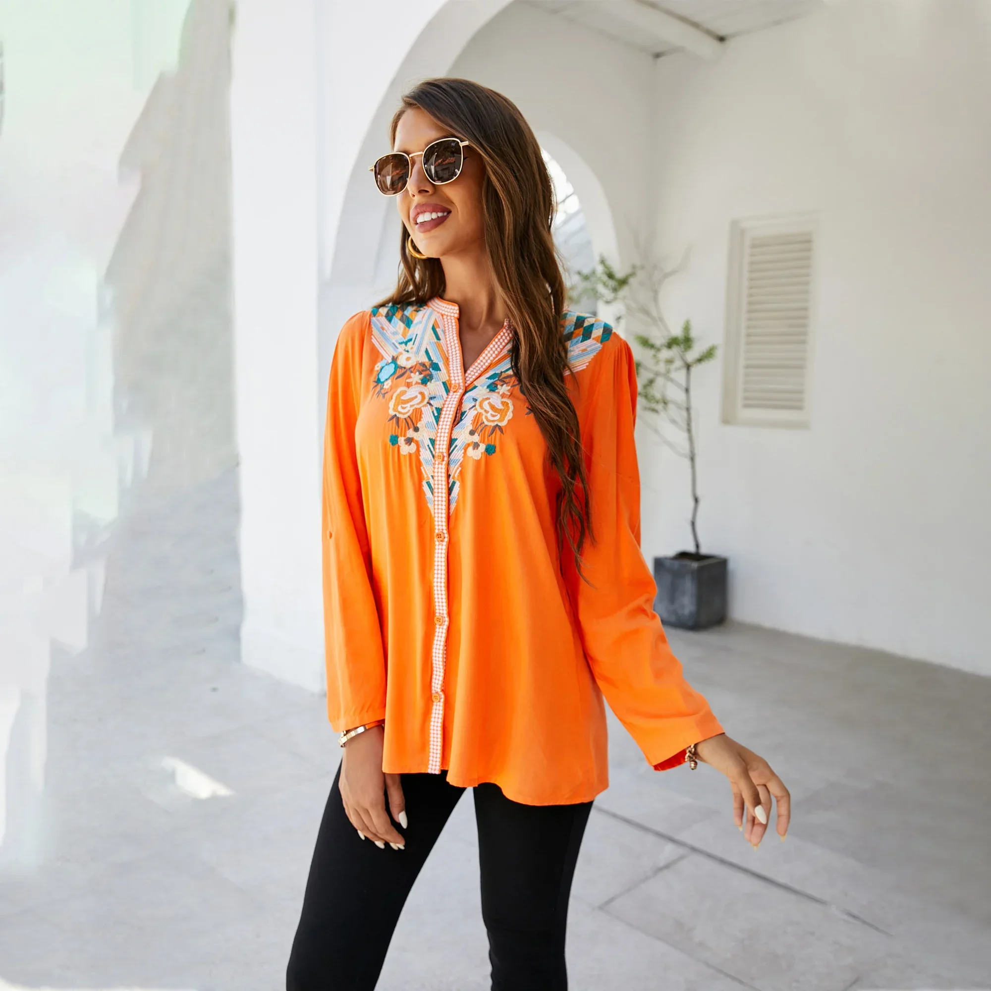 Summer Top Floral Embroidery Top Orange Cotton Autumn Bohemian Mexican Top Women's Long Sleeved T-shirt